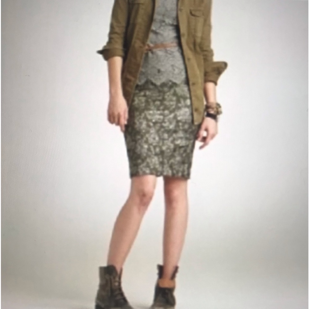 NWT J. Crew Brocade Pencil Skirt, Size 4, Color: Olive Green, Gold, & Silver